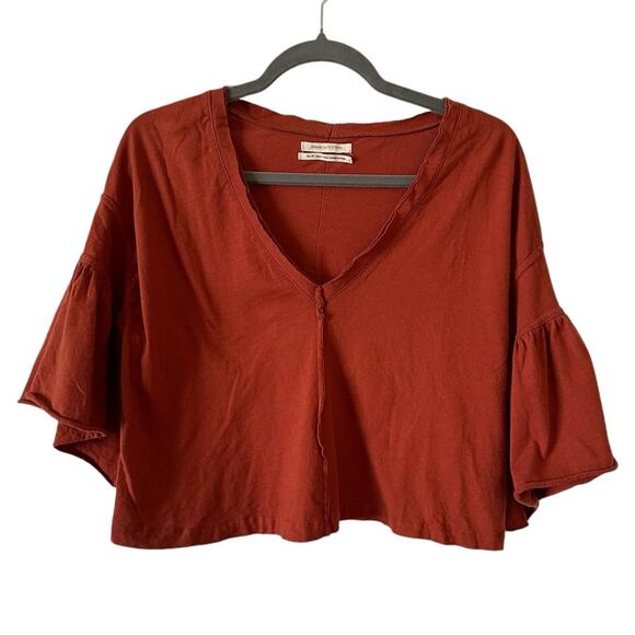 Urban Outfitters Cropped Shirt XS | S Bell Sleeve V Neck Burnt Orange Distressed - Picture 1 of 9